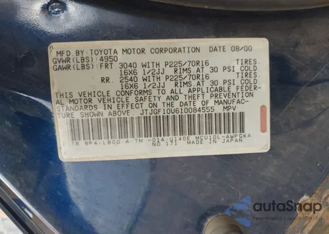 2001 Lexus Rx 300 from USA, damaged, VIN JTJGF10U610084555